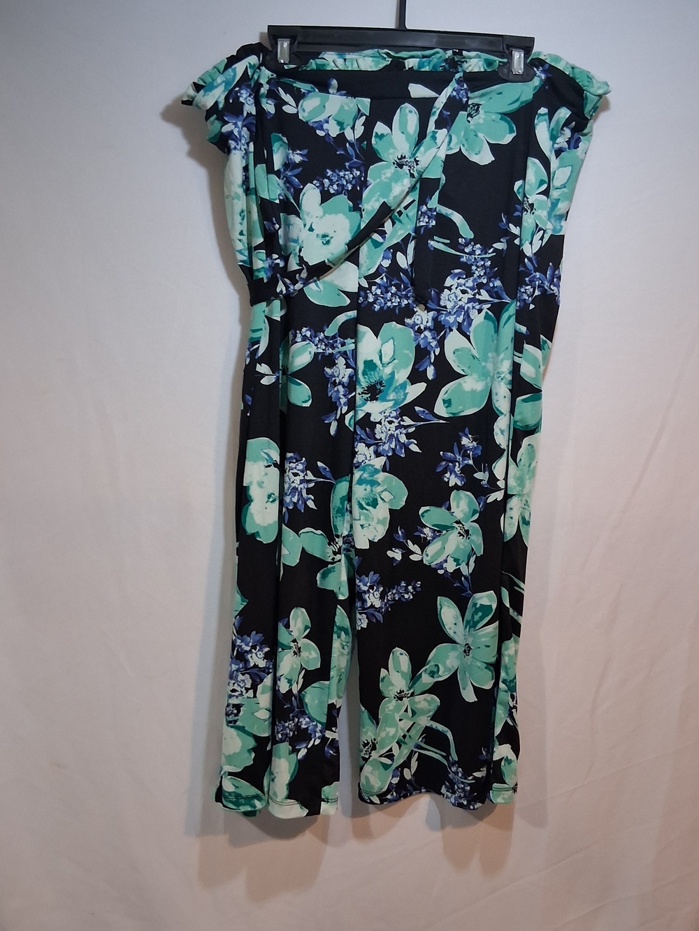 Women's Black Floral Wide-Leg Jumpsuit with Mint Green Print